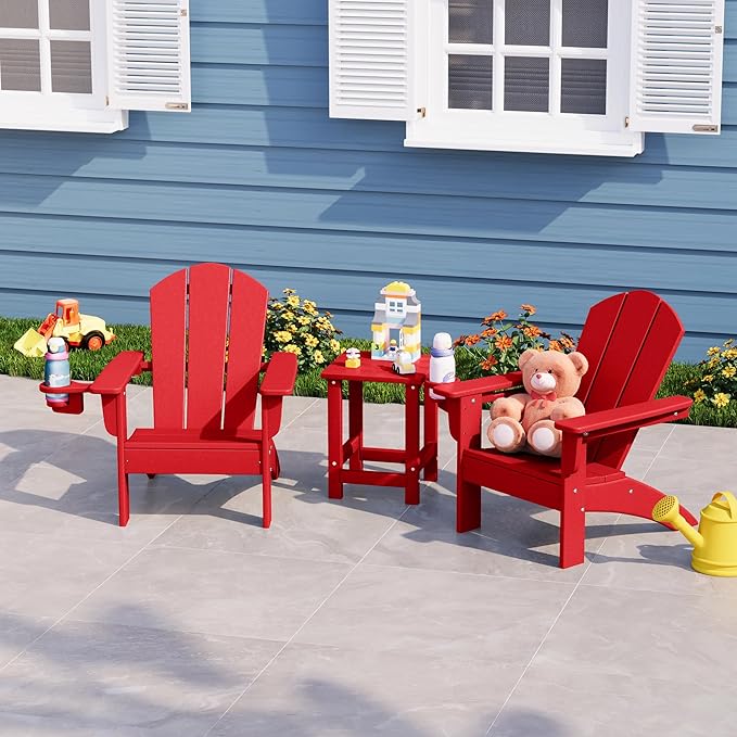 WestinTrends Malibu 3-Piece Kids HDPE Adirondack Chairs Set with Square Side Table and Cup Holders, Red