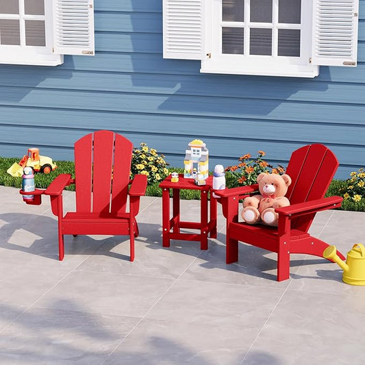 WestinTrends Malibu 3-Piece Kids HDPE Adirondack Chairs Set with Square Side Table and Cup Holders, Red