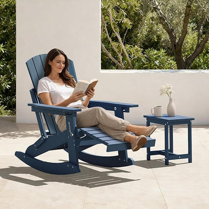 Adirondack Rocking Chair with Retractable Ottoman Set of 4, 4-in-1 Foldable Reclining Patio Chair, HDPE Wood-Look Outdoor Rocker for Porch, Garden & Poolside, Navy Blue