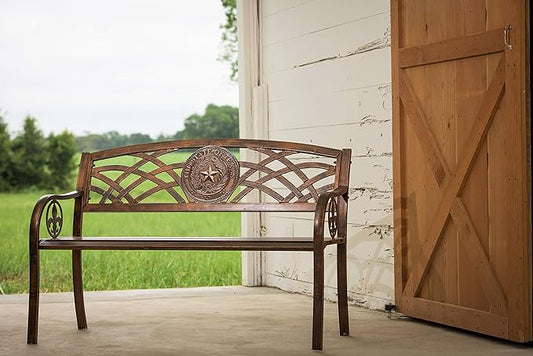 Leigh Country Texas State Seal Metal Bench, Outdoor Decorative Patio Seating for Porch/Deck
