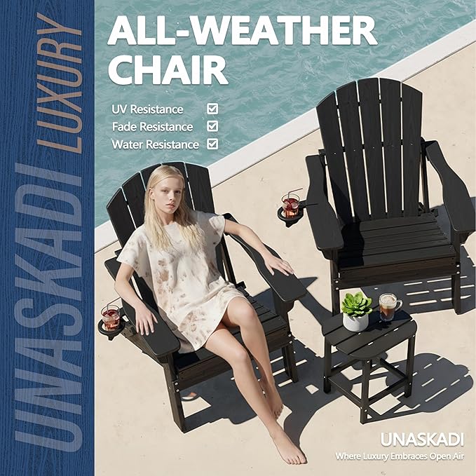 Folding Adirondack Chairs and Table Set, HDPE All Weather Resistant Plastic Outdoor Patio Chairs with Cup Holder, Heavy Duty Fire Pit Seating for Backyard Garden, Wooden Textured(Black, 3-Piece)