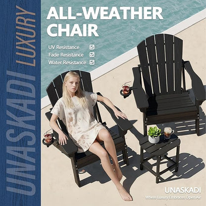 Folding Adirondack Chairs and Table Set, HDPE All Weather Resistant Plastic Outdoor Patio Chairs with Cup Holder, Heavy Duty Fire Pit Seating for Backyard Garden, Wooden Textured(Black, 3-Piece)