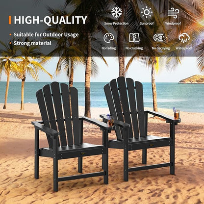 VINGLI Plastic Folding Adirondack Chair with Cup Holder, 100% Recyclable HDPE Material, Comfortable 380lb Weight Capacity for Outdoor Pool Patio Lounge Chair Lawn Furniture Fire Pit, 1 Pack, Black