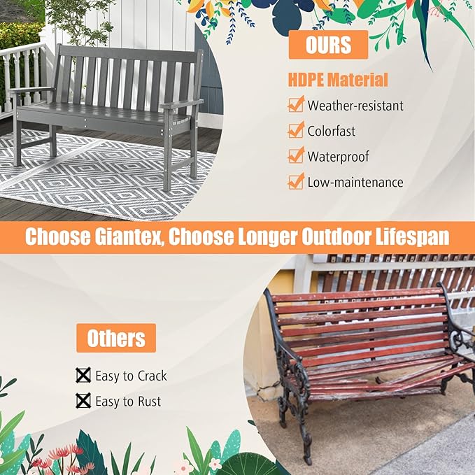 Giantex Outdoor Bench, 52-Inch Outside Bench All-Weather HDPE Park Bench with Backrest and Armrests, 705 lbs Weight Capacity, 2-Person Slatted Patio Bench for Porch, Yard, Lawn, Garden Bench (Grey)