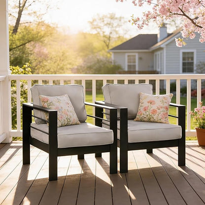 Kiss the Water Outdoor Patio Metal Furniture Chair, 2 PCS All-Weather Aluminum Outdoor Sofa with 5" Thick Soft Cushion and Wide Arm, Deep Seating Patio Couch for Balcony, Porch, Backyard