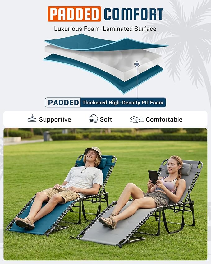 KingCamp Oversized Tanning Chair, Extra-Wide Padded Folding Chase Lounge Chairs Portable Adjustable 5-Position 440lbs Heavy Duty Lounger with Double-Layer Oxford for Outdoor Beach Patio Sun Pool Blue