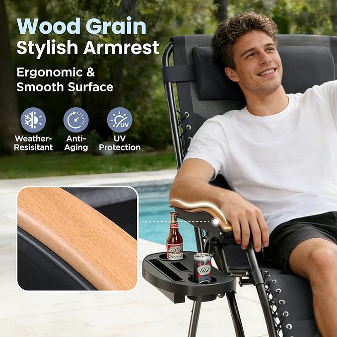 PHI VILLA XXL Oversized Padded Zero Gravity Chair, Foldable Patio Recliner, 30" Wide Seat Anti Gravity Lounger with Cup Holder, Support 400 LBS (Light Gray)