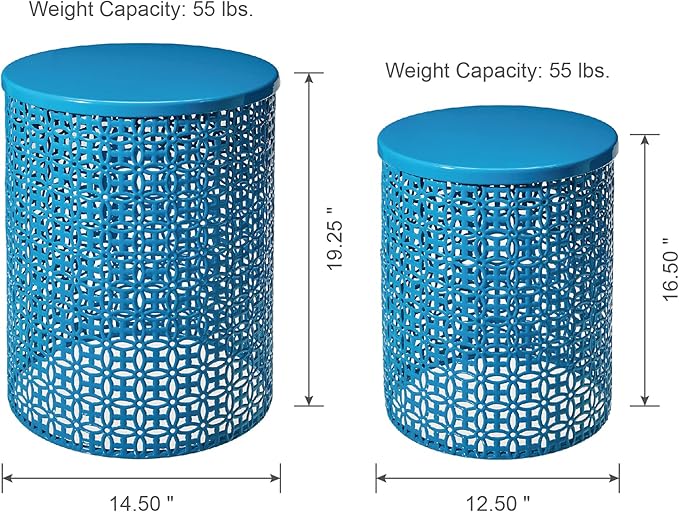 Glitzhome Outdoor Side Table Set of 2, Decorative Garden Stool for Patio Heavy Duty Metal Frame Accent Table Modern End Table, Glossy Blue