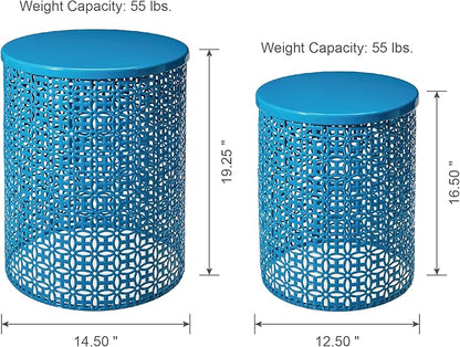 Glitzhome Outdoor Side Table Set of 2, Decorative Garden Stool for Patio Heavy Duty Metal Frame Accent Table Modern End Table, Glossy Blue
