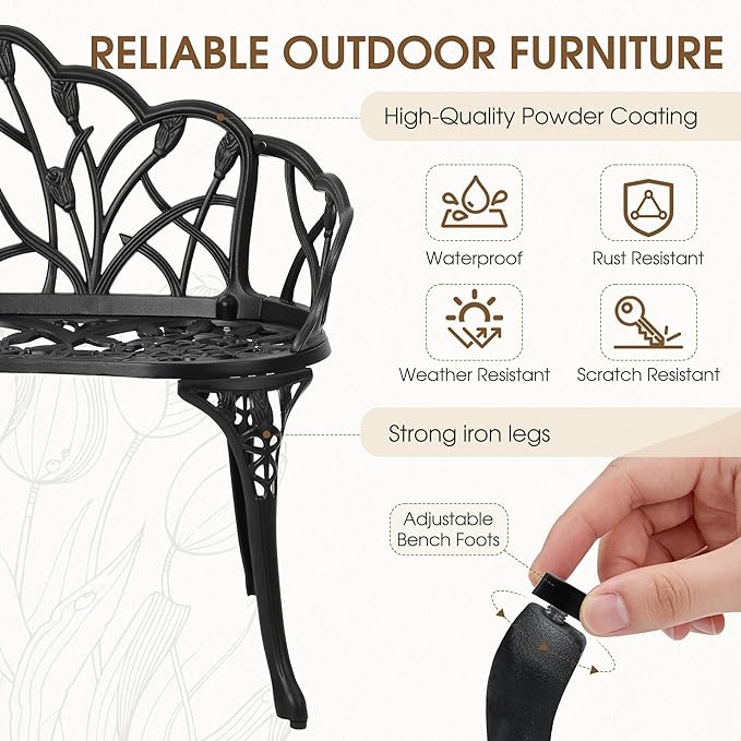 Outdoor Bench with Cushion, Cast Aluminum Double Seating with Backrest and Armrests, Mental Outdoor Furniture for Patio, Porch, Garden, Park, Black Tulip