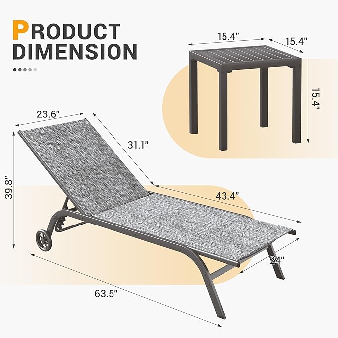 UDPATIO Aluminum Lounge Chair Set of 3 Outdoor Chaise Lounger Poolside Lounge Chairs 5 Adjustable Position Backrest Pool Lounger with Wheels Side Table for Patio Pool Patio (Grey)