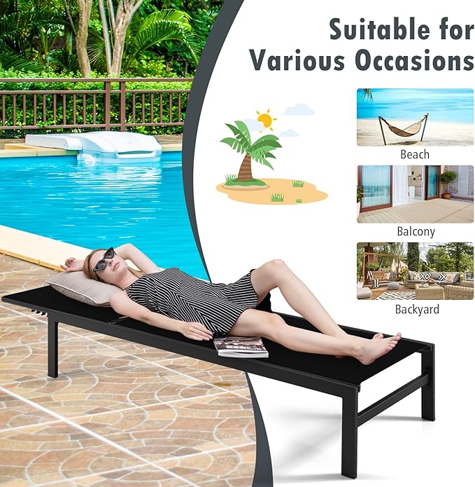 Giantex Set of 2 Patio Chaise Lounge Chair, Outdoor Sunbathing Chair Lawn Reclining Lounger with 6 Adjustable Position, Aluminium Frame, Tanning Chairs for Deck,Yard, Pool Lounge Chairs (2, Black)