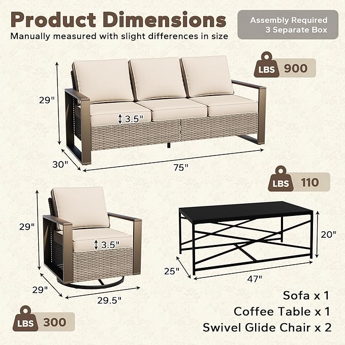 4 Pieces Patio Furniture Set with Wicker 75" Sofa, Two Swivel Rocker Chairs, One Coffee Table - Photo 2