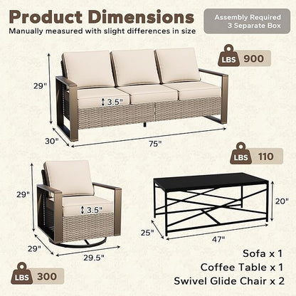 4 Pieces Patio Furniture Set with Wicker 75" Sofa, Two Swivel Rocker Chairs, One Coffee Table, Outdoor Conversation Furniture Set with Metal Armrest & Removable Cushions for Deck, Beige