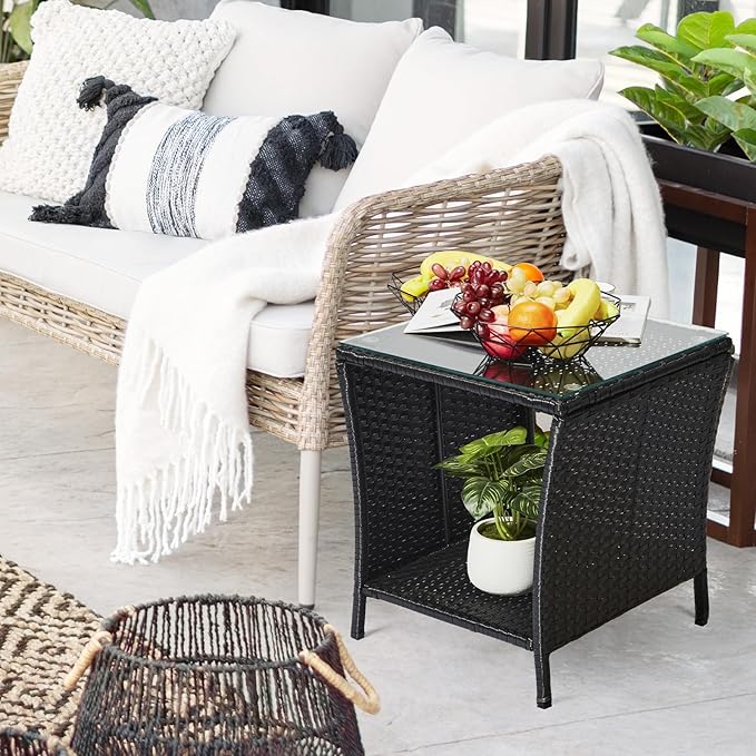 Outvita Outdoor Side Table, Rattan Coffee Table Small End Table with Glass Top Storage for Patio Porch Backyard Balcony