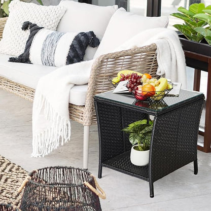 Outvita Outdoor Side Table, Rattan Coffee Table Small End Table with Glass Top Storage for Patio Porch Backyard Balcony