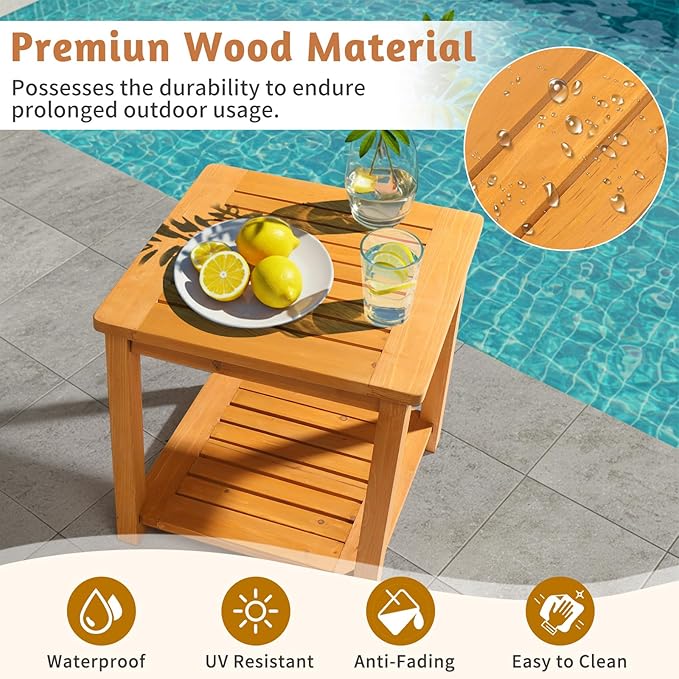 Outvita Patio Small Side Table, Acacia Wood 18 inch Double-Deck Coffee Table with Storage Tier for Living Room, Garden, Balcony, Porch, Deck (Teak Color)