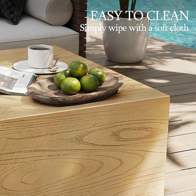 UPHA 28" Square Outdoor Coffee Table, Modern Hollow Concrete Patio Table, Small Minimalist Low Accent Table for Living Room, Balcony, Deck, Backyard, Natural Wood Finish