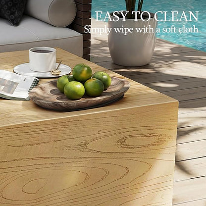 UPHA 28" Square Outdoor Coffee Table, Modern Hollow Concrete Patio Table, Small Minimalist Low Accent Table for Living Room, Balcony, Deck, Backyard, Natural Wood Finish