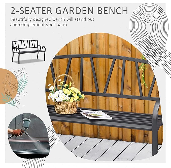 50" Metal Garden Bench, Black Outdoor Bench for 2 People, Park-Style Patio Seating, Decor with Smooth Armrests, Slatted Seat and Backrest, Black