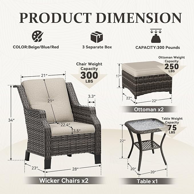 Wicker Patio Furniture Set - 5 Piece Rattan Outdoor Conversation Sets with 2 Wicker Patio Chairs,2 Ottomans, 1 Side Table for Garden, Backyard, Balcony and Deck