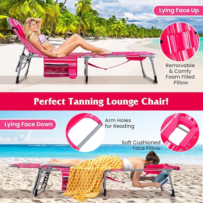 GYMAX Tanning Chair, 330LBS Beach Lounge w/Face Arm Hole & Shoulder Strap, Folding Layout Sunbath Chair, Face Down Outdoor Chaise Lounger for Patio, Poolside, Lawn, Backyard (1, Pink Stripe)