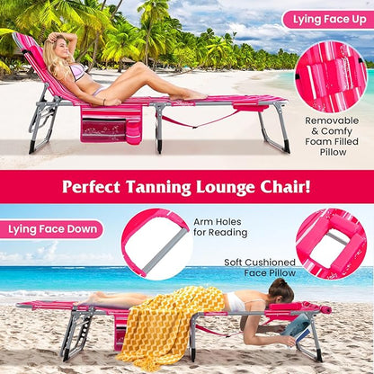 GYMAX Tanning Chair, 330LBS Beach Lounge w/Face Arm Hole & Shoulder Strap, Folding Layout Sunbath Chair, Face Down Outdoor Chaise Lounger for Patio, Poolside, Lawn, Backyard (1, Pink Stripe)