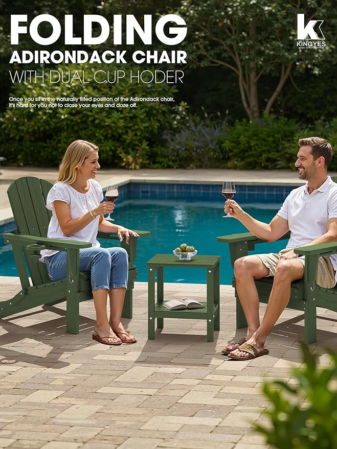 KINGYES Folding Adirondack Chair with Dual Cup Holders - HDPE All-Weather Outdoor Chairs - Photo 2