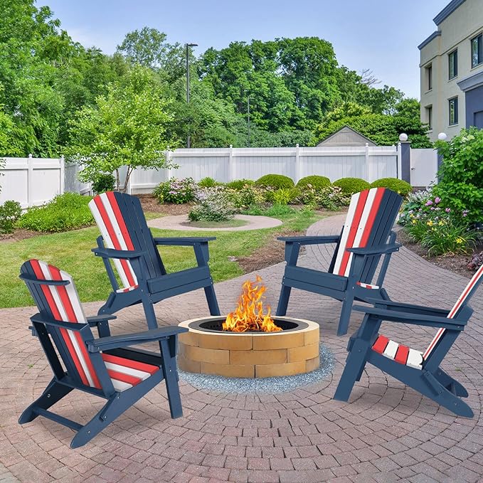 Aoodor Folding Adirondack Chair HDPE Outdoor All-Weather Chair for Patio, Garden, Backyard, Lawn, Fire Pit, Set of 4, Red&White&Blue
