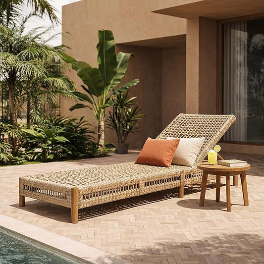 Christopher Knight Home Mercer Acacia Wood Chaise Lounge Chair Outdoor, Poolside Sun Lounger Recliner with Wicker Seat, Patio Outdoor Chaise Lounge, Adjustable Backrest Lounge Sofa, Teak+Light Brown