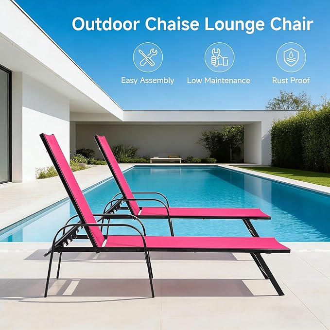DUMOS Foldable Chaise Lounge Chair, 5-Position Beach Lounge Recliner Chair with Armrests, Outdoor Sun Chairs with Metal Frame for Patio Backyard Poolside Seating, Pink