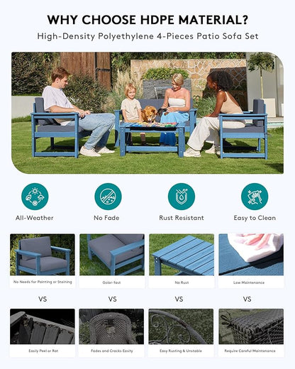 SERWALL 4 Pieces HDPE Outdoor Sofa Set with Cushion, All Weather Use Conversation Couch Set, Outdoor Loveseat Social Furniture with Coffee Table and Cushions, Blue Frame with Grey Cushions