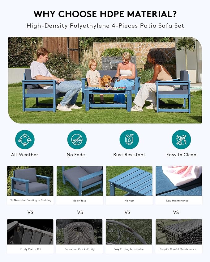 SERWALL 5 Pieces HDPE Outdoor Sofa Set with Cushions, All Weather Couch Conversation Set - Photo 4