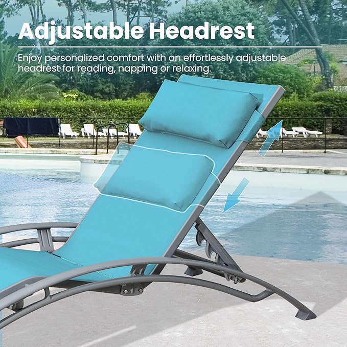 Domi Lounge Chair Set of 2, Aluminum Lounge Chairs for Outside with 5 Adjustable Positions, Chaise Lounge Outdoor for Pool, Garden, Beach, Camping, Backyard(Turquoise Blue)