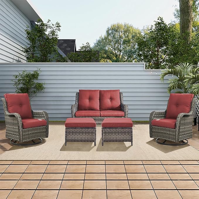 Rilyson Wicker Patio Furniture Set - 5 Piece Rattan Outdoor Sectional Conversation Sets with 2 Rocking Swivel Chairs - Photo 7