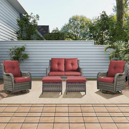 Rilyson Wicker Patio Furniture Set - 5 Piece Rattan Outdoor Sectional Conversation Sets with 2 Rocking Swivel Chairs,2 Ottomans and 1 Loveseat for Porch Deck Garden(Mixed Grey/Red)