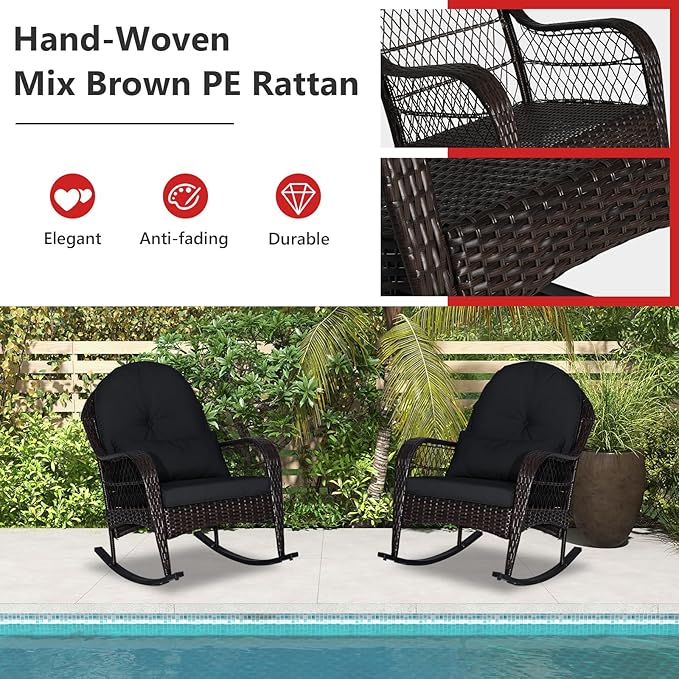 ORALNER Wicker Patio Rocking Chair, Outdoor PE Rattan Rocker with Seat and Back Cushion, Waist Pillow, Armrests, Garden Chair for Porch, Backyard, Poolside, Deck (1, Black)