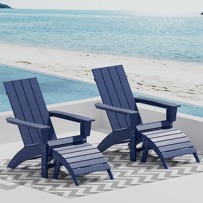 Folding Adirondack Chair with Ottoman Weather Resistant Foldable Fire Pit Chairs with Footrest HDPE Outdoor Adirondack Chair for Patio Front Porch Pool Garden Deck Fire Pit Outside, Navy Blue