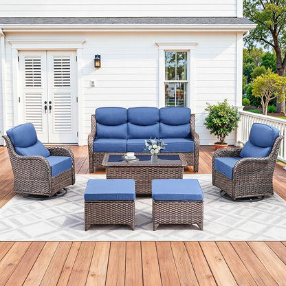 Luxury High Back Patio Furniture Set with 6-Inch Thick Cushions, 6-Pieces Outdoor Furniture with Swivel Chairs, Wicker Conversation Set for Porch, Balcony, Deck and Yard, Brown/Blue