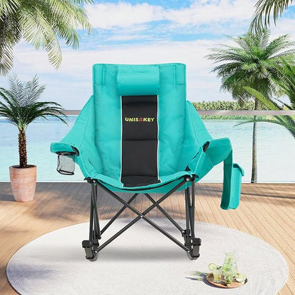 Oversized Rocking Camping Chair with Headrest & Cup Holder - 400lbs Capacity, 600D Oxford Fabric, Easy Fold Portable Outdoor Rocker Chair for Camping, Backyard, Beach, Blackgreen