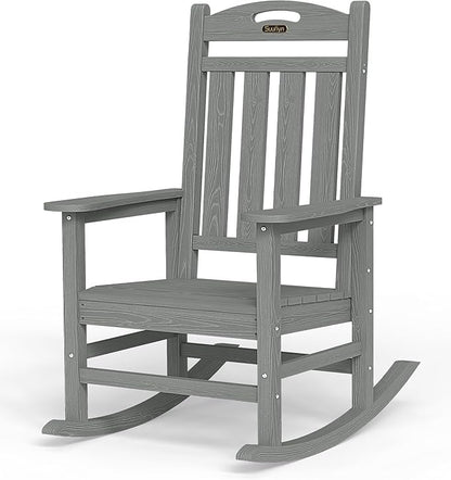 Oversized Rocking Chair Outdoor, High Back Porch Rocker Chair, HDPE All Weather Resistant Rocking Chairs for Patio, 380lbs Weight Capacity, Grey
