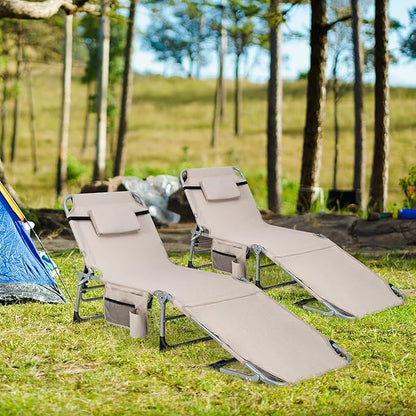 Goplus Tanning Chair, Folding Outdoor Beach Lounge Chair with Face & Arm Hole, Carrying Strap, Pillow, Side Pocket, 5-Position Adjustable Chaise Lounge Chair Sunbathing Chair for Lawn Pool, 330 LBS