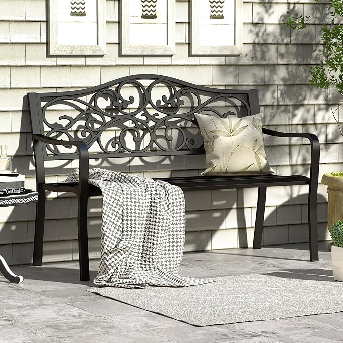 Tangkula 50 Inches Outdoor Garden Park Bench, Cast Iron Metal Patio Bench with Floral Design Backrest, Armrests and Slatted Seat, Outdoor Loveseat Chair for Porch, Lawn and Yard, Black