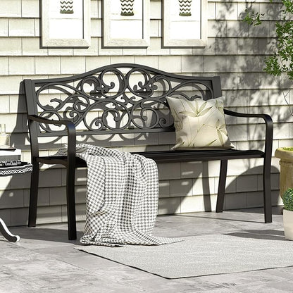 Tangkula 50 Inches Outdoor Garden Park Bench, Cast Iron Metal Patio Bench with Floral Design Backrest, Armrests and Slatted Seat, Outdoor Loveseat Chair for Porch, Lawn and Yard, Black