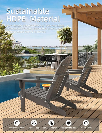 Folding Adirondack Chair - Durable HDPE Poly Lumber All-Weather Resistant, Foldable Oversized Balcony Porch Patio Outdoor Chair for Lawn, Backyard, Deck, Garden, Camping - Easy Installation, Gray