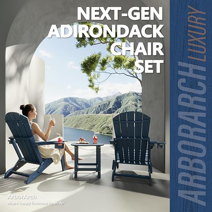 Folding Adirondack Chair Set of 2 with Cup Holder, HDPE All Weather Resistant Plastic Outdoor Patio Chairs, Heavy Duty Fire Pit Seating for Backyard Lawn Garden, Wooden Textured Design(Navy Blue)