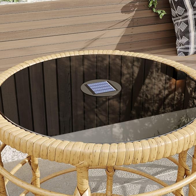 Lovinouse Rattan Round Side Table Set of 2, Small Circle Desk with Solar Lights and Tempered Glass Top - Photo 4