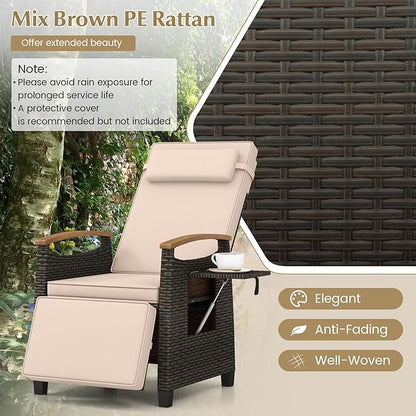 Tangkula Patio Wicker Recliner Chair, Rattan Lounge Chair w/Adjustable Backrest & Footrest, Flip Side Table, Push Back Reclining Seat w/Cushion for Backyard, Porch, Lawn (2, Beige)
