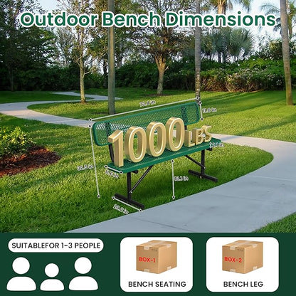 Heavy Duty Park Bench with Back Portable Frame, Outdoor Steel Bench with Backrest, Outdoor Park Bench Expanded Metal Mesh Bench for Lawn, Park, Deck, Garden, Patio, Porch, Black (Green, 6FT)