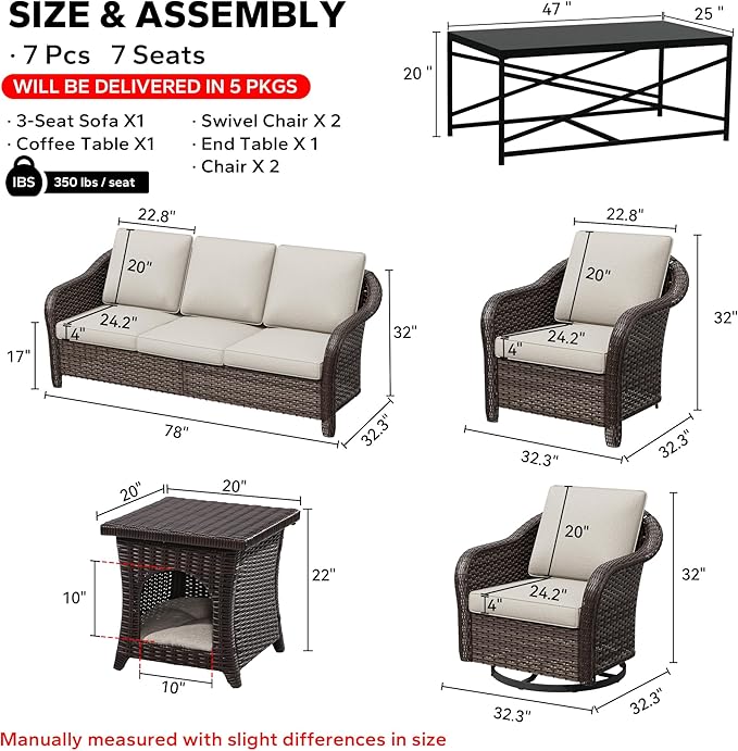 7 Pieces Patio Conversation Set, 78" Wicker 3-Seat Couch with Washable Cushions, 2 Glider Swivel Rocker Chairs - Photo 2